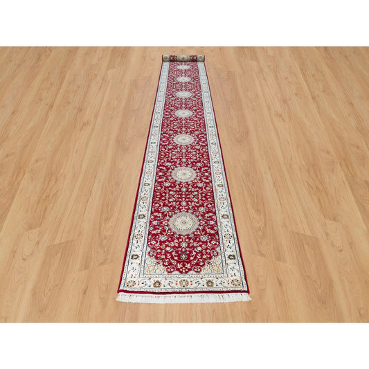 Fine Oriental Wool Hand Knotted Rug Red Ivory 2.8X17.10 -O090064