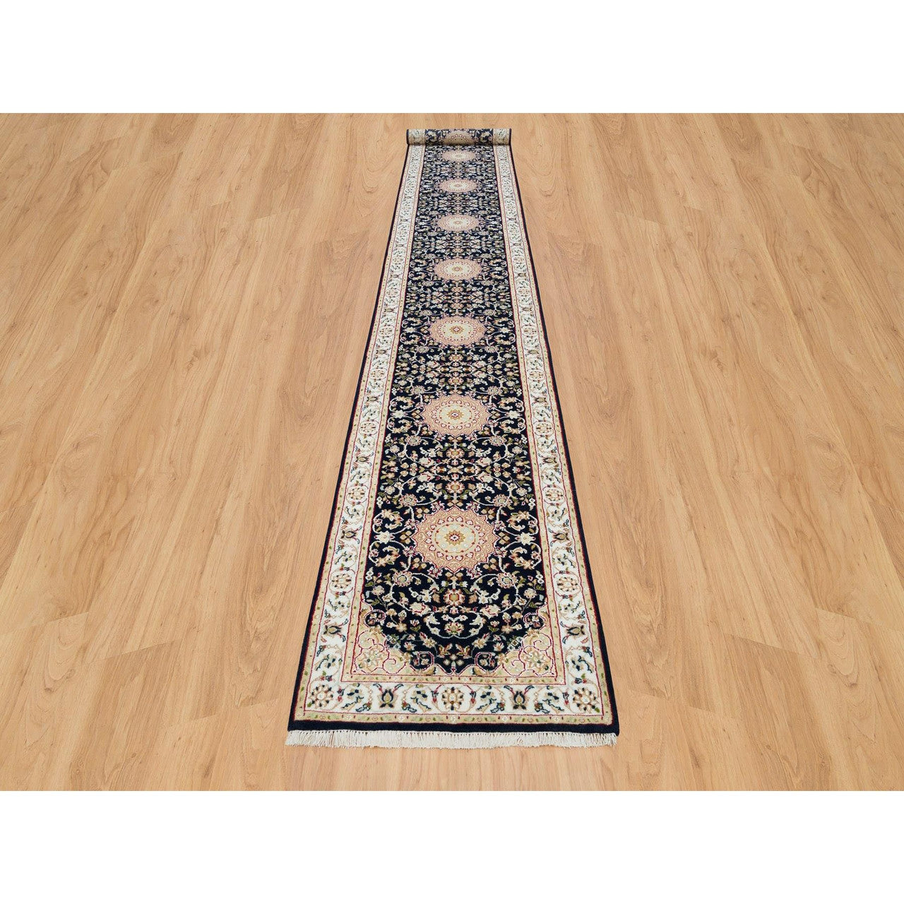 Fine Oriental Wool Hand Knotted Rug Blue Ivory 2.8X18.5 -O090065