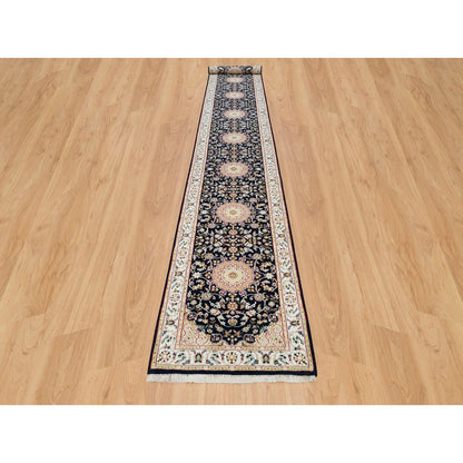 Fine Oriental Wool Hand Knotted Rug Blue Ivory 2.8X18.5 -O090065