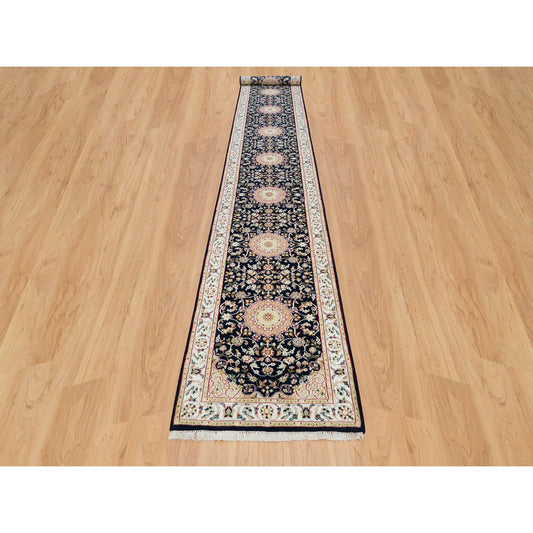 Fine Oriental Wool Hand Knotted Rug Blue Ivory 2.8X18.5 -O090065
