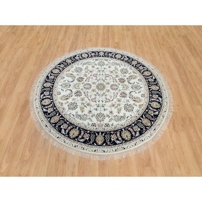 Fine Oriental Wool Hand Knotted Rug Ivory Blue 6.0X6.0 -O090068