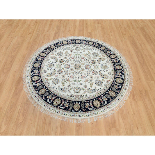 Fine Oriental Wool Hand Knotted Rug Ivory Blue 6.0X6.0 -O090068
