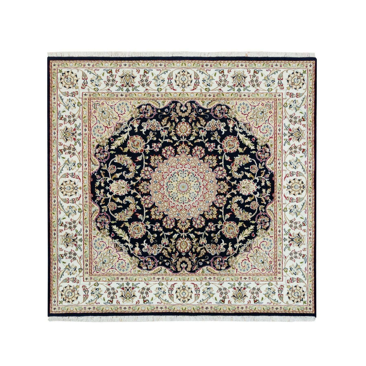 Fine Oriental Wool Hand Knotted Rug Blue Ivory 6.3X6.0 -O090069