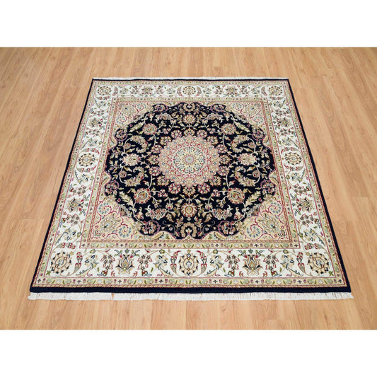 Fine Oriental Wool Hand Knotted Rug Blue Ivory 6.3X6.0 -O090069