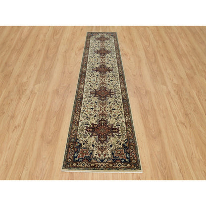 Heriz Wool Hand Knotted Rug Beige Dark Brown 2.8X12.3 -O090084