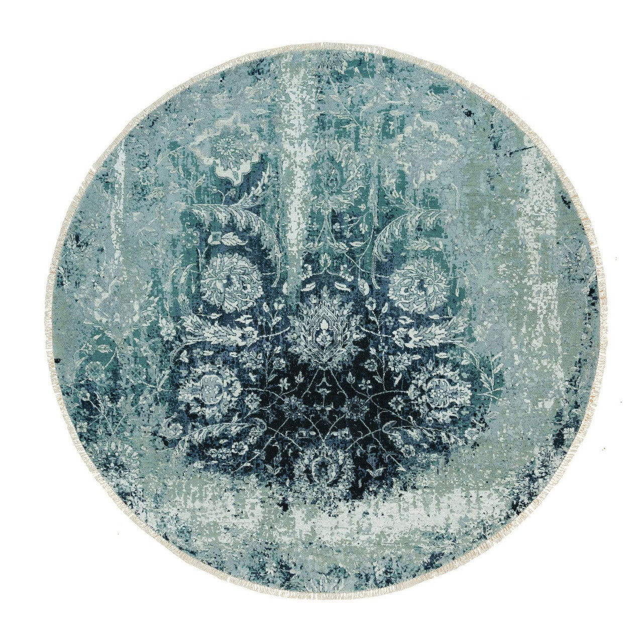 Blue 6'11" x 6'11" Transitional Hand knotted Wool/Silk Rug - Sku: O090131