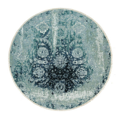 Transitional Wool & Silk Hand Knotted Rug Blue No Border 6.11X6.11 -O090131