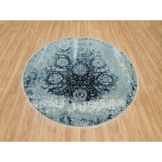Transitional Wool & Silk Hand Knotted Rug Blue No Border 6.11X6.11 -O090131