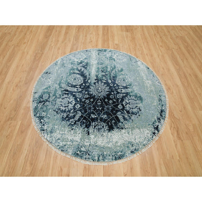 Transitional Wool & Silk Hand Knotted Rug Blue No Border 6.0X6.0 -O090132
