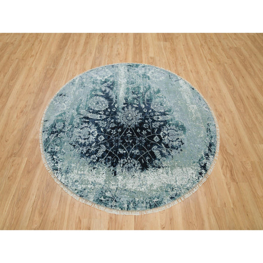 Transitional Wool & Silk Hand Knotted Rug Blue No Border 6.0X6.0 -O090132