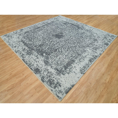 Transitional Wool & Silk Hand Knotted Rug Grey No Border 9.10X10.1 -O090134