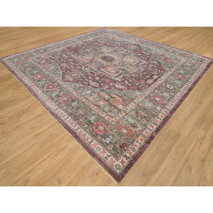 Tribal & Geometric Wool Hand Knotted Rug Red Gray 13.8X13.9 -O090136