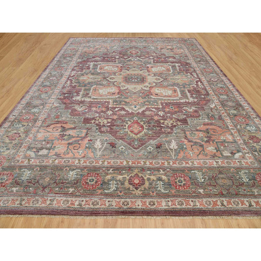 Tribal & Geometric Wool Hand Knotted Rug Red Gray 13.10X17.9 -O090137