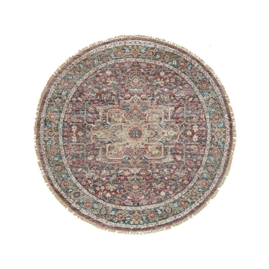 Tribal & Geometric Wool Hand Knotted Rug Red Gray 5.0X5.0 -O090142