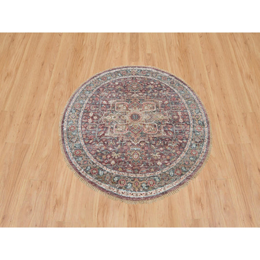 Tribal & Geometric Wool Hand Knotted Rug Red Gray 5.0X5.0 -O090142