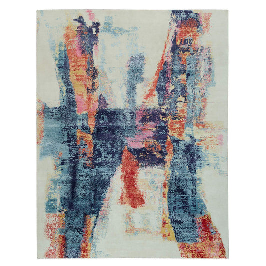 Modern and Contemporary Wool & Silk Hand Knotted Rug Multicolored No Border 8.11X12.0 -O090147