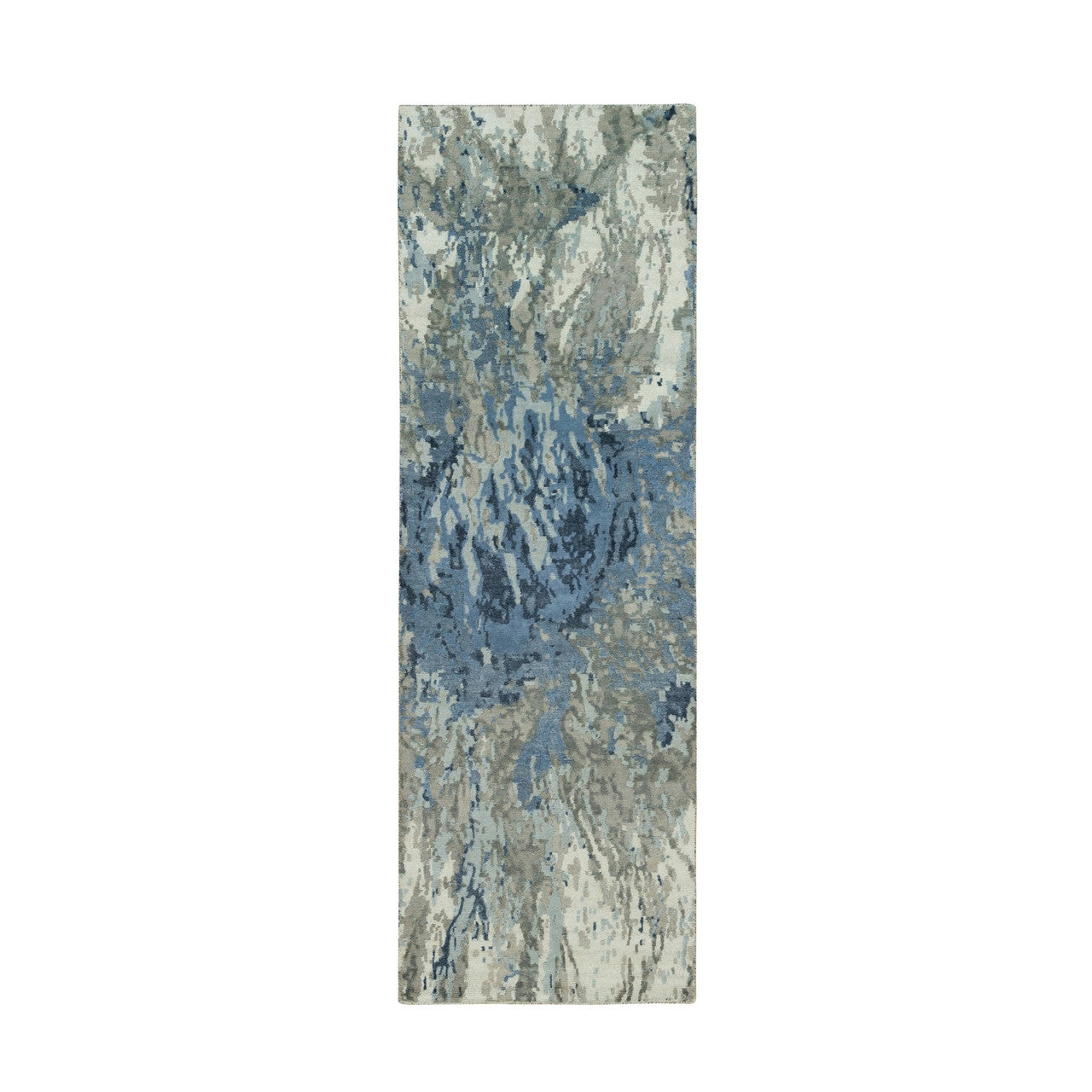 Blue 2'6" x 7'11" Modern and Contemporary Hand knotted Wool/Silk Rug - Sku: O090199