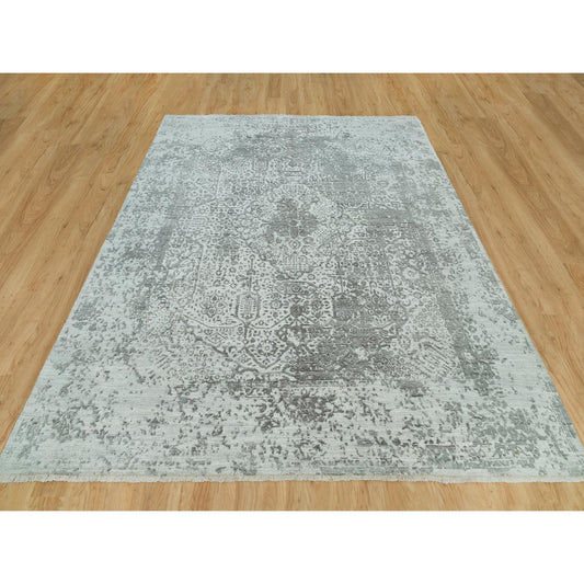 Transitional Wool & Silk Hand Knotted Rug Grey No Border 8.0X10.1 -O090200