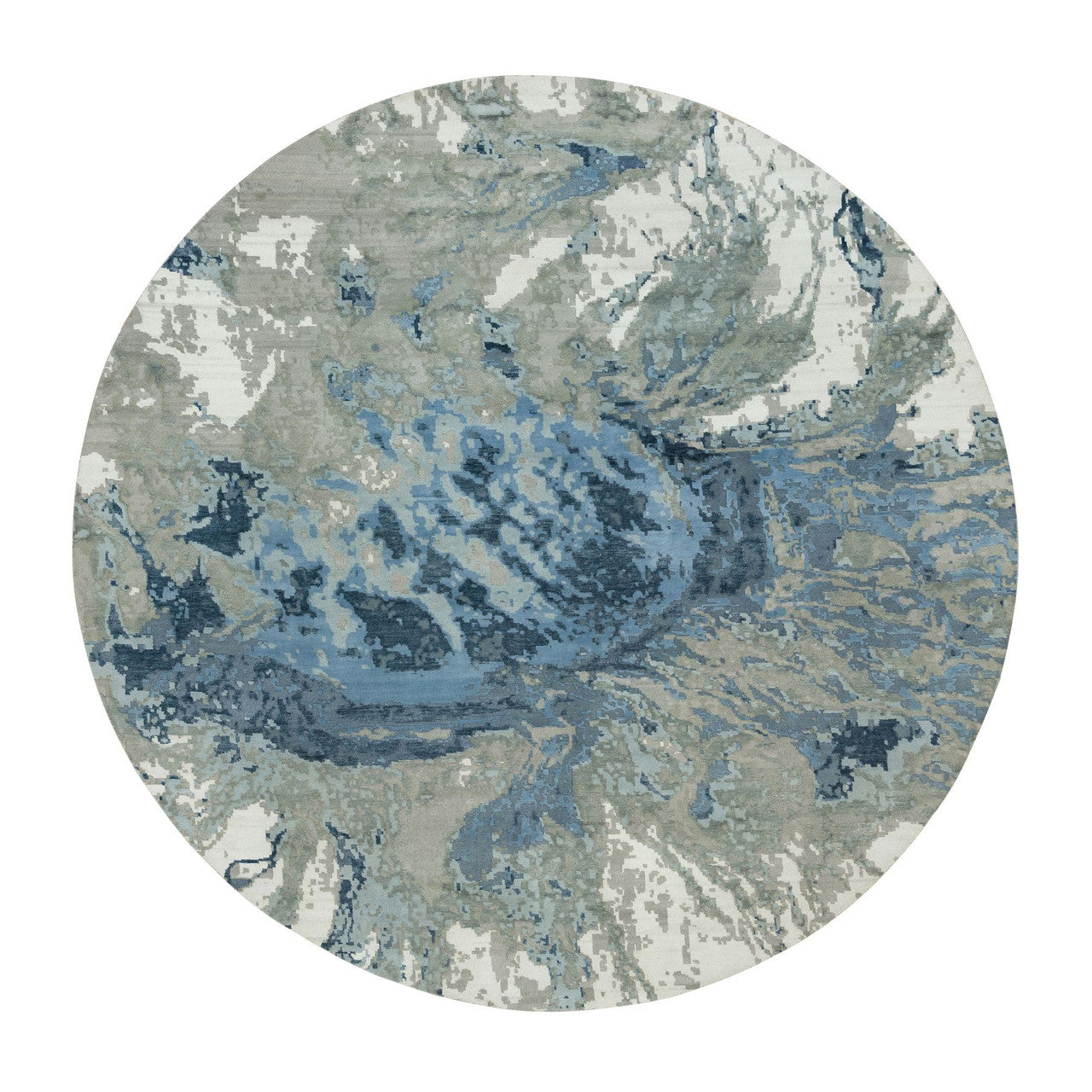 Blue 11'10" x 11'10" Modern and Contemporary Hand knotted Wool/Silk Rug - Sku: O090214