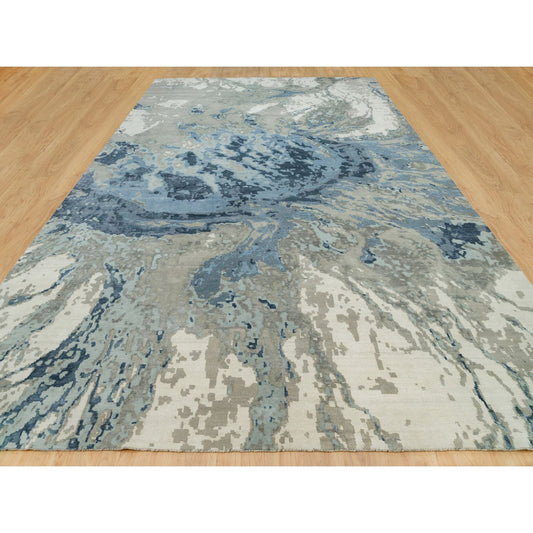 Modern and Contemporary Wool & Silk Hand Knotted Rug Blue No Border 11.11X18.1 -O090217