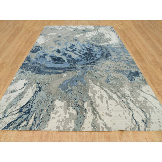 Modern and Contemporary Wool & Silk Hand Knotted Rug Blue No Border 9.11X14.1 -O090218