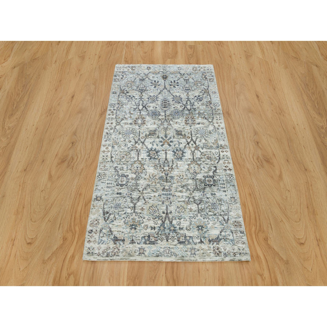 Transitional Wool & Silk Hand Knotted Rug Ivory No Border 2.11X5.0 -O090232