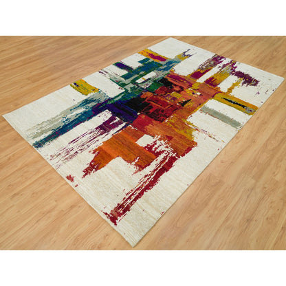 Modern and Contemporary Wool & Silk Hand Knotted Rug Ivory No Border 6.1X9.0 -O090234