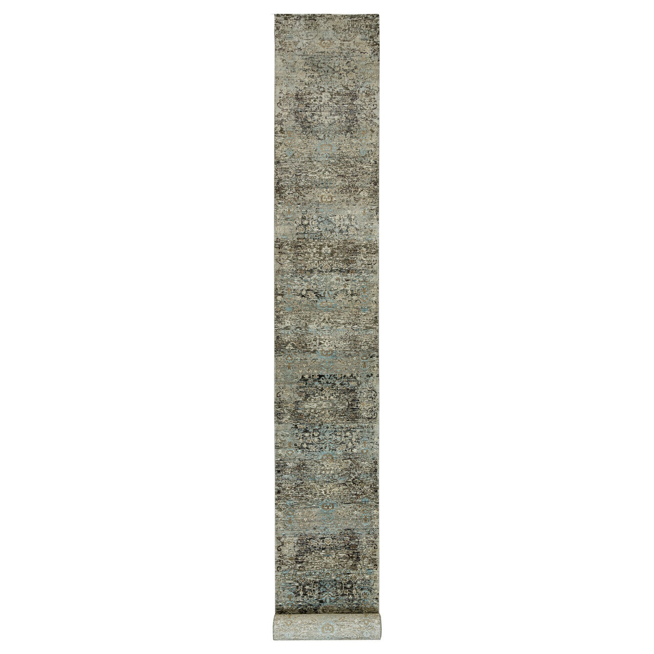 Gray 2'8" x 23'10" Transitional Hand knotted Wool/Silk Rug - Sku: O090239