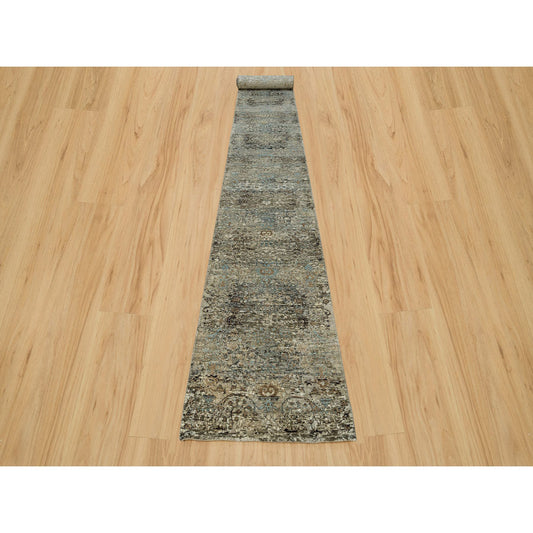 Transitional Wool & Silk Hand Knotted Rug Grey No Border 2.8X23.10 -O090239