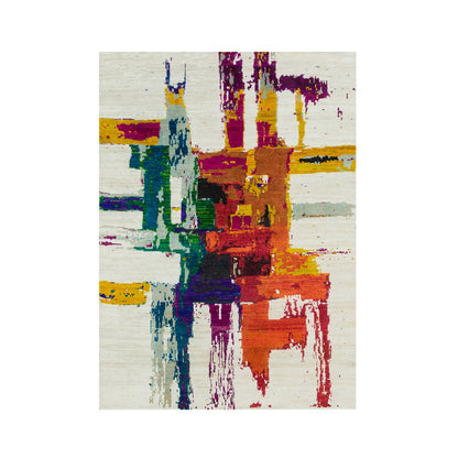 Modern and Contemporary Wool & Silk Hand Knotted Rug Ivory No Border 4.0X5.10 -O090249