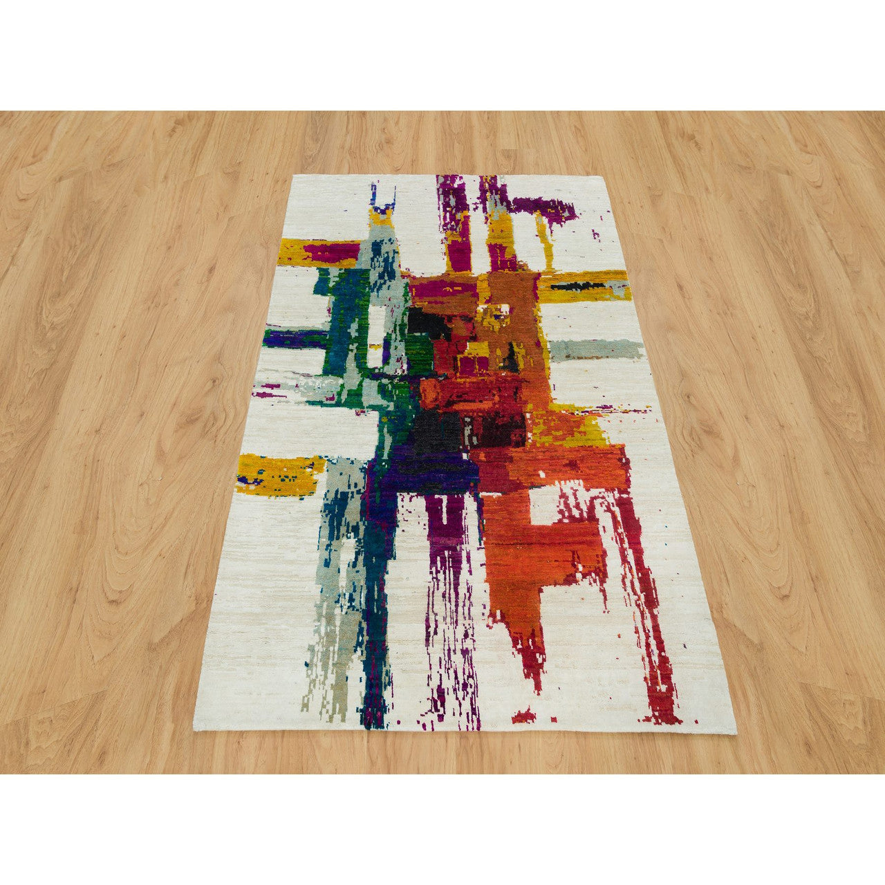 Modern and Contemporary Wool & Silk Hand Knotted Rug Ivory No Border 4.0X5.10 -O090249