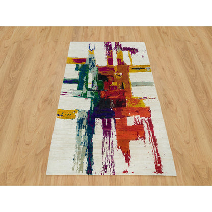 Modern and Contemporary Wool & Silk Hand Knotted Rug Ivory No Border 4.0X5.10 -O090249