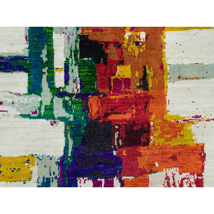 Modern and Contemporary Wool & Silk Hand Knotted Rug Ivory No Border 4.0X5.10 -O090249