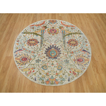 Transitional Wool & Silk Hand Knotted Rug Beige No Border 5.10X5.10 -O090256