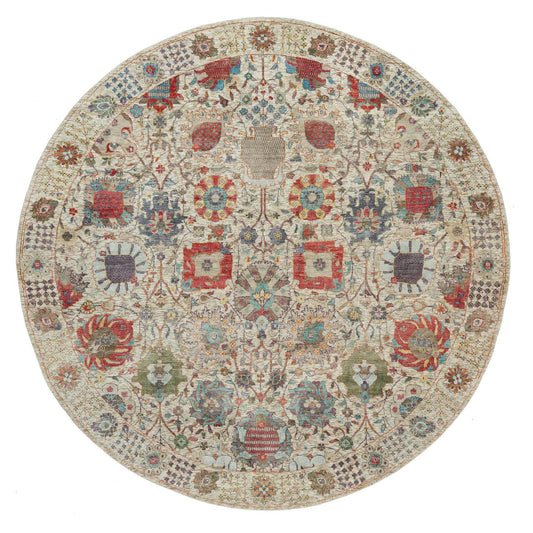Transitional Wool & Silk Hand Knotted Rug Ivory Ivory 8.0X8.0 -O090261