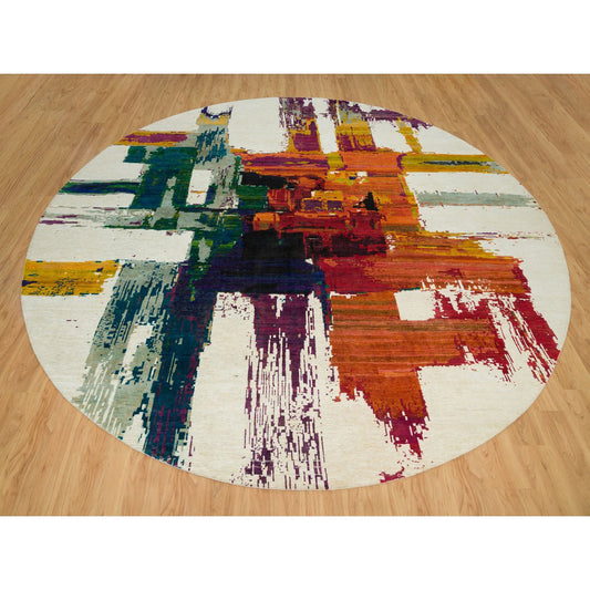 Modern and Contemporary Wool & Silk Hand Knotted Rug Ivory No Border 13.8X13.8 -O090265