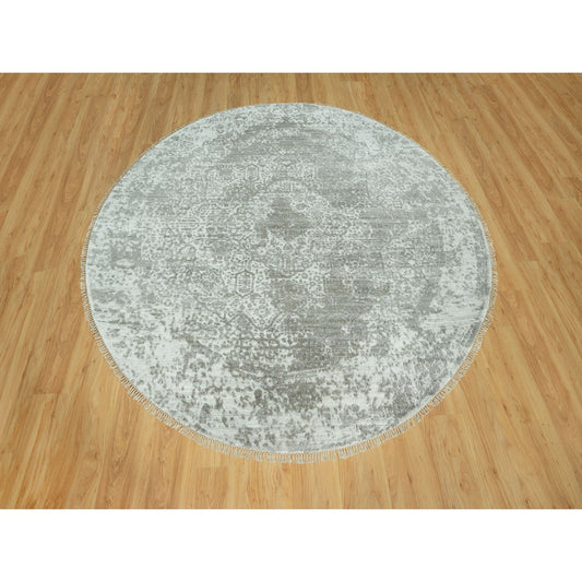 Transitional Wool & Silk Hand Knotted Rug Grey No Border 7.10X7.10 -O090447