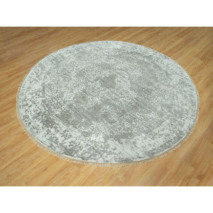 Transitional Wool & Silk Hand Knotted Rug Grey No Border 7.10X7.10 -O090447