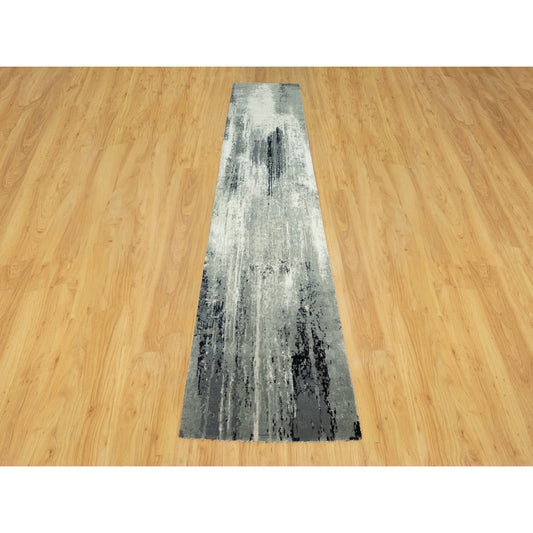 Modern and Contemporary Wool & Silk Hand Knotted Rug Black No Border 2.6X11.11 -O090463