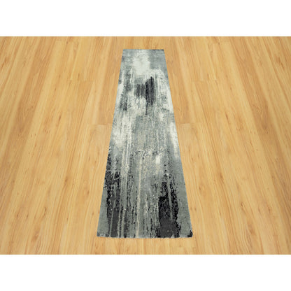 Modern and Contemporary Wool & Silk Hand Knotted Rug Black No Border 2.7X10.0 -O090465