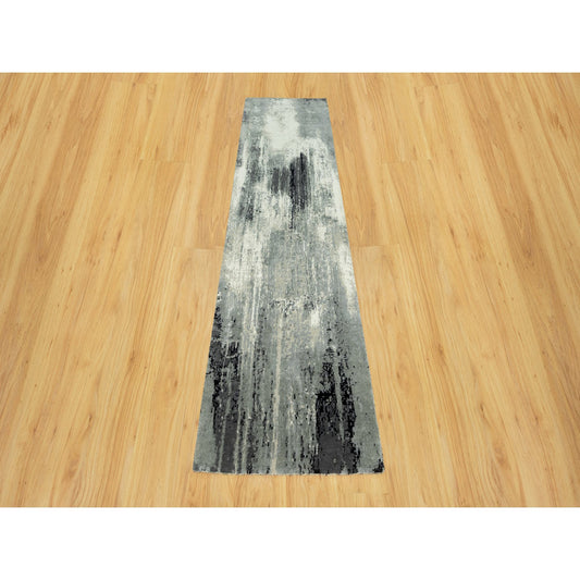 Modern and Contemporary Wool & Silk Hand Knotted Rug Black No Border 2.7X10.0 -O090465