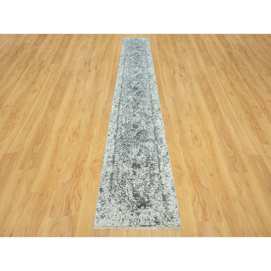 Transitional Wool & Silk Hand Knotted Rug Grey No Border 2.6X15.8 -O090472