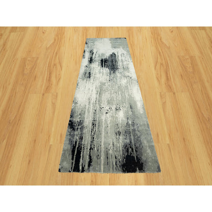 Modern and Contemporary Wool & Silk Hand Knotted Rug Black No Border 4.2X12.0 -O090474