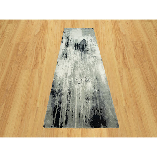 Modern and Contemporary Wool & Silk Hand Knotted Rug Black No Border 4.2X12.0 -O090474