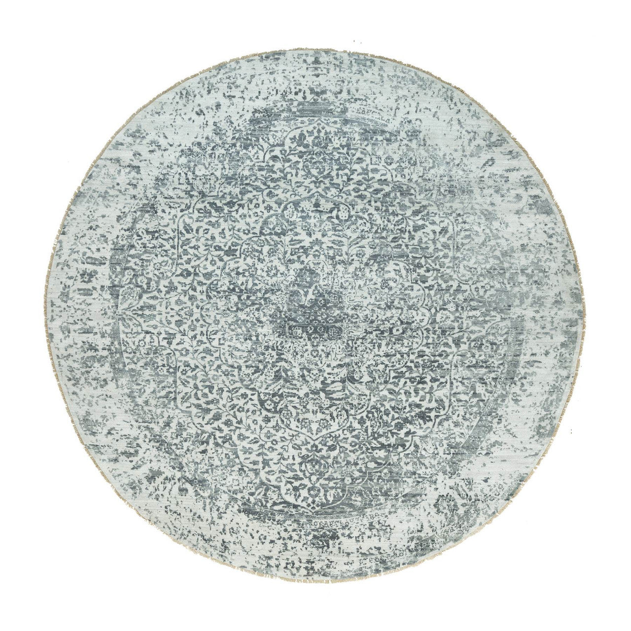 Gray 13'10" x 13'10" Transitional Hand knotted Wool/Silk Rug - Sku: O090480
