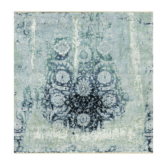 Transitional Wool & Silk Hand Knotted Rug Blue No Border 8.0X8.0 -O090482