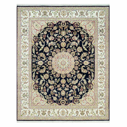 Fine Oriental Wool Hand Knotted Rug Blue Ivory 7.9X9.9 -O090490