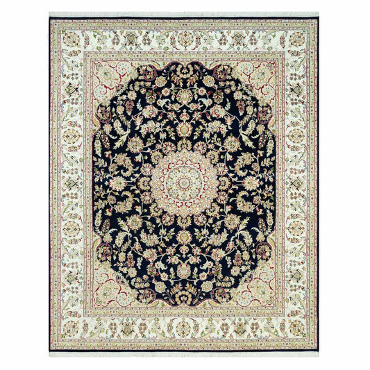 Fine Oriental Wool Hand Knotted Rug Blue Ivory 7.9X9.9 -O090490