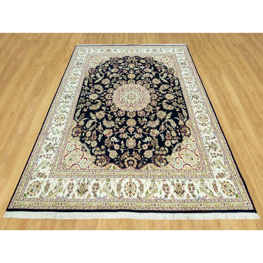 Fine Oriental Wool Hand Knotted Rug Blue Ivory 7.9X9.9 -O090490