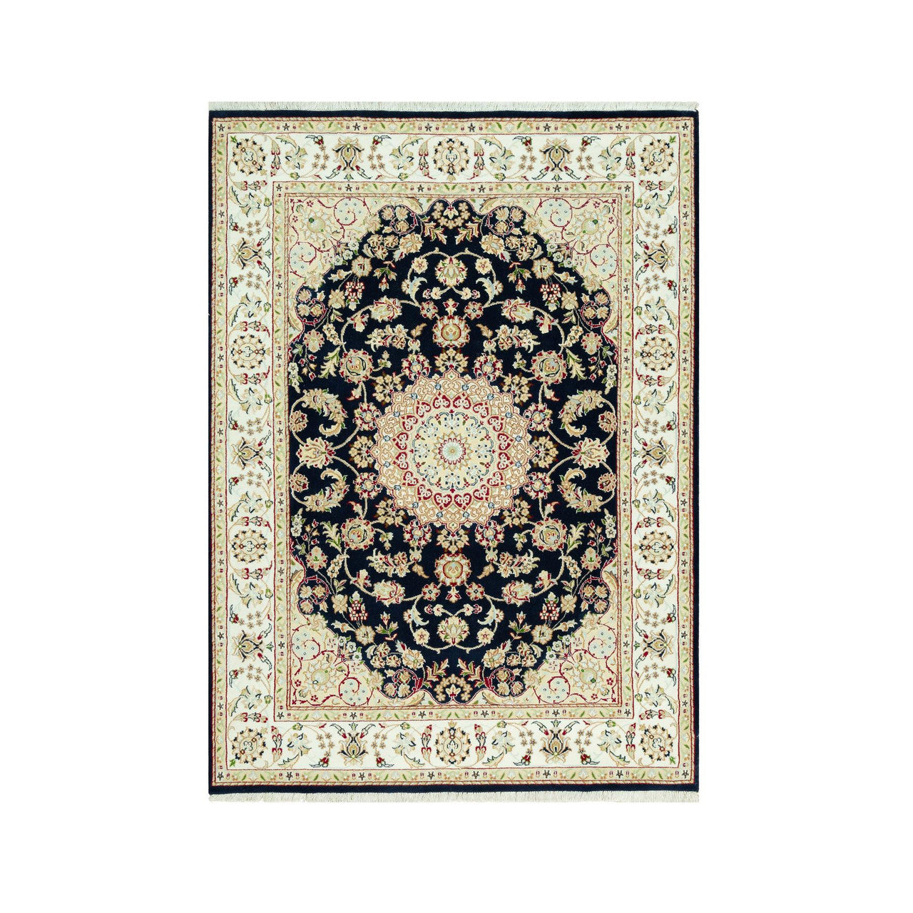 Fine Oriental Wool Hand Knotted Rug Blue Ivory 5.0X6.11 -O090493